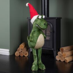 Samuel Alexander 70cm Tall Plush Santa-Saurus Dino Standing Decoration with Santa Hat in Green - thumbnail 1