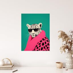 "Wee Blue Coo Wall Art Print Fashion Cheetah Vibrant Teal Hot Pink Colour Block Fun Bold Animal Portrait Poster - Size: W18"" x H24""" - thumbnail 4