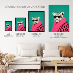 "Wee Blue Coo Wall Art Print Fashion Cheetah Vibrant Teal Hot Pink Colour Block Fun Bold Animal Portrait Poster - Size: W18"" x H24""" - thumbnail 3
