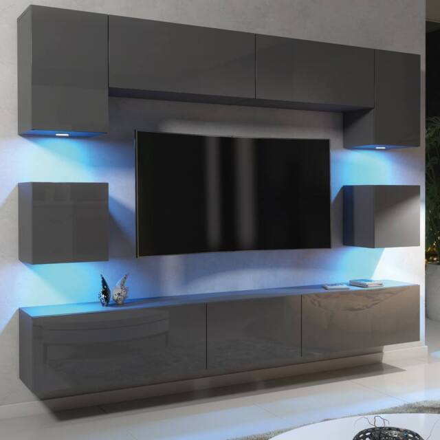 Mex Furniture LTD Wall TV Unit Panorama - Dark Grey with Gloss Doors & LED Lights - image 1