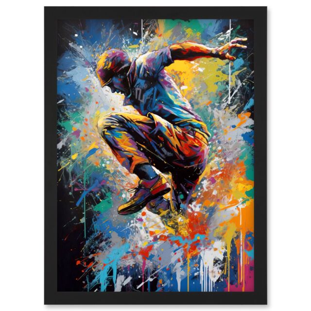 Artery8 Parkour Paint Splat Portrait Jump Action Shot Artwork Framed Wall Art Print A4 in Black - image 1