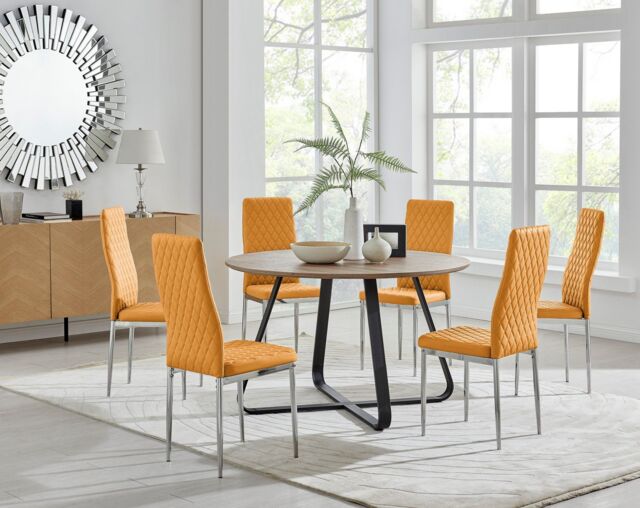 FurnitureboxUK Santorini Brown Wood Effect Dining Table & 6 Milan Chrome Leg Chairs in Mustard - image 1