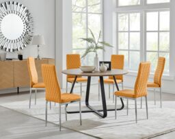 FurnitureboxUK Santorini Brown Wood Effect Dining Table & 6 Milan Chrome Leg Chairs in Mustard