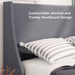 AKA Single Bed Soft Linen 3FT Upholstered Bed with Winged Headboard Wood Slat Support in Grey - thumbnail 3