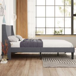 AKA Single Bed Soft Linen 3FT Upholstered Bed with Winged Headboard Wood Slat Support in Grey - thumbnail 2