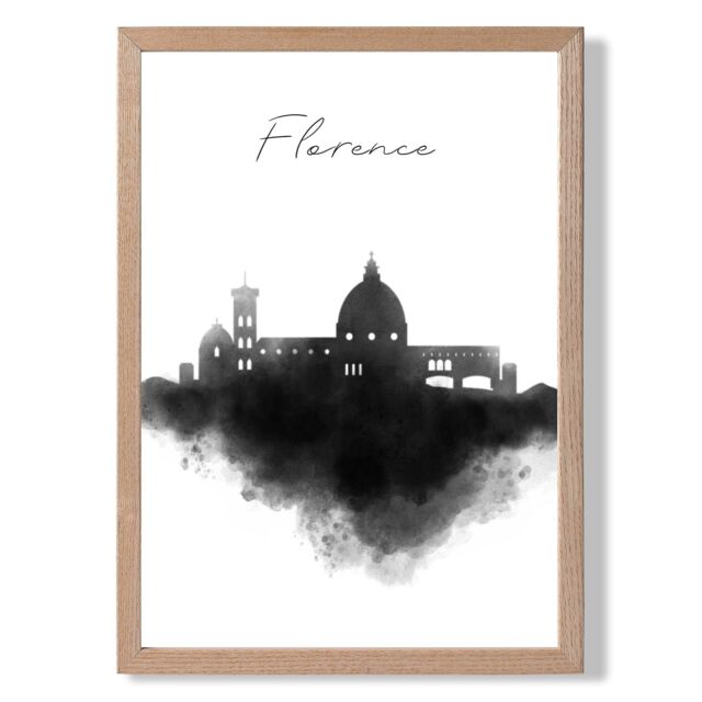 ARTZE Florence Watercolour Skyline City Framed Print SIZE: A2 with Oak Frame in Black - Size: A4 - image 1