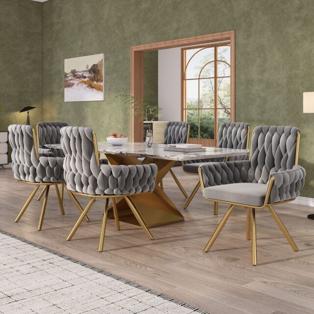 HomeTouch Velvet Upholstered Swivel Kitchen Dining Chairs with Gold Metal Legs in Grey - Size: 6 Pack - image 1