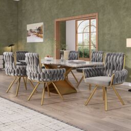 HomeTouch Velvet Upholstered Swivel Kitchen Dining Chairs with Gold Metal Legs in Grey - Size: 6 Pack