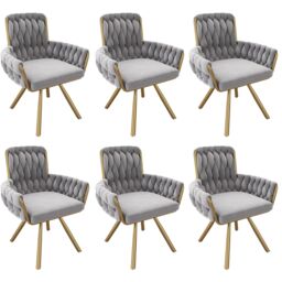 HomeTouch Velvet Upholstered Swivel Kitchen Dining Chairs with Gold Metal Legs in Grey - Size: 6 Pack - thumbnail 5