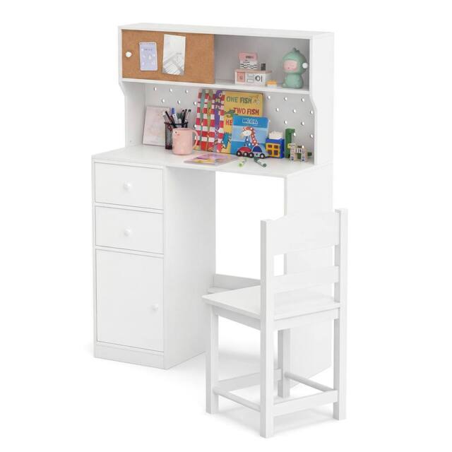 CASART Kids Desk & Chair Set Wooden Study Desk w/ 2 Cabinets & 3 Drawers in White - image 1
