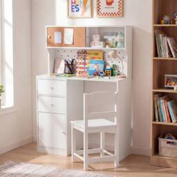 CASART Kids Desk & Chair Set Wooden Study Desk w/ 2 Cabinets & 3 Drawers in White - thumbnail 9