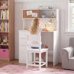 CASART Kids Desk & Chair Set Wooden Study Desk w/ 2 Cabinets & 3 Drawers in White - thumbnail 2