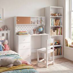 CASART Kids Desk & Chair Set Wooden Study Desk w/ 2 Cabinets & 3 Drawers in White - thumbnail 7
