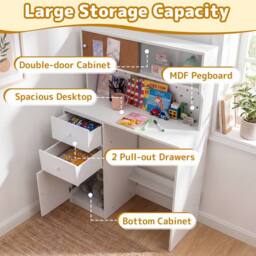 CASART Kids Desk & Chair Set Wooden Study Desk w/ 2 Cabinets & 3 Drawers in White - thumbnail 4
