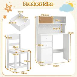 CASART Kids Desk & Chair Set Wooden Study Desk w/ 2 Cabinets & 3 Drawers in White - thumbnail 6