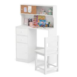 CASART Kids Desk & Chair Set Wooden Study Desk w/ 2 Cabinets & 3 Drawers in White
