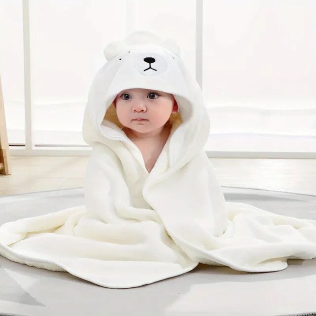 Dyzi Baby Hooded Towel Soft Absorbent Animal Cartoon Bath Towel for Kids in White - image 1