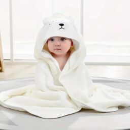 Dyzi Baby Hooded Towel Soft Absorbent Animal Cartoon Bath Towel for Kids in White