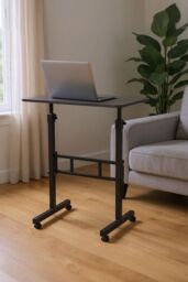 Living and Home Height Adjustable Mobile Laptop Desk with Wheels in Black - thumbnail 1