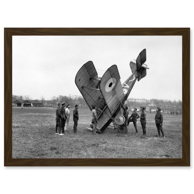 Artery8 War WW1 Vintage Photo Biplane Crash Aviation Accident Savy Aerodrome Artwork Framed Wall Art Print A4 in Brown - image 1