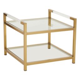 Orsina Matte Gold 2 Tier End Table, Modern Art Deco Style, Glass Shelves & Durable Stainless Steel Construction - thumbnail 2