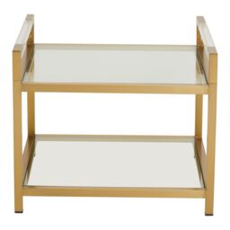 Orsina Matte Gold 2 Tier End Table, Modern Art Deco Style, Glass Shelves & Durable Stainless Steel Construction