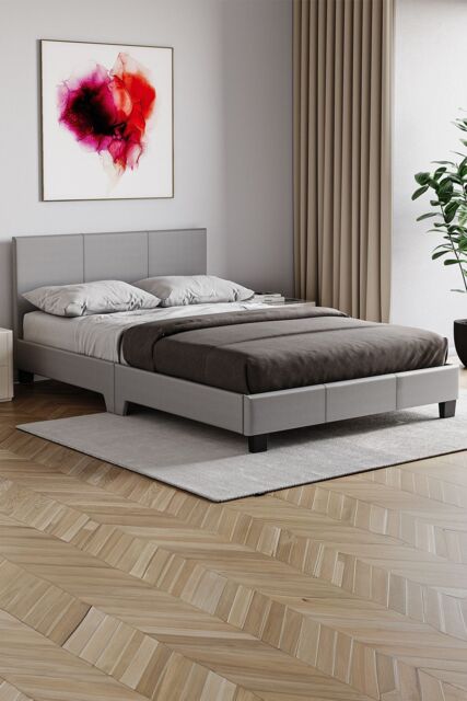 Home Discount Vida Designs Lisbon Small Double Faux Leather Bed Frame UKFR Fabric in Grey - image 1