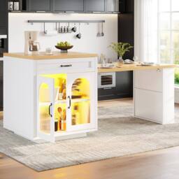 BTM Extendable Kitchen Island LED Storage Cabinet Drawers Shelves in White - thumbnail 4
