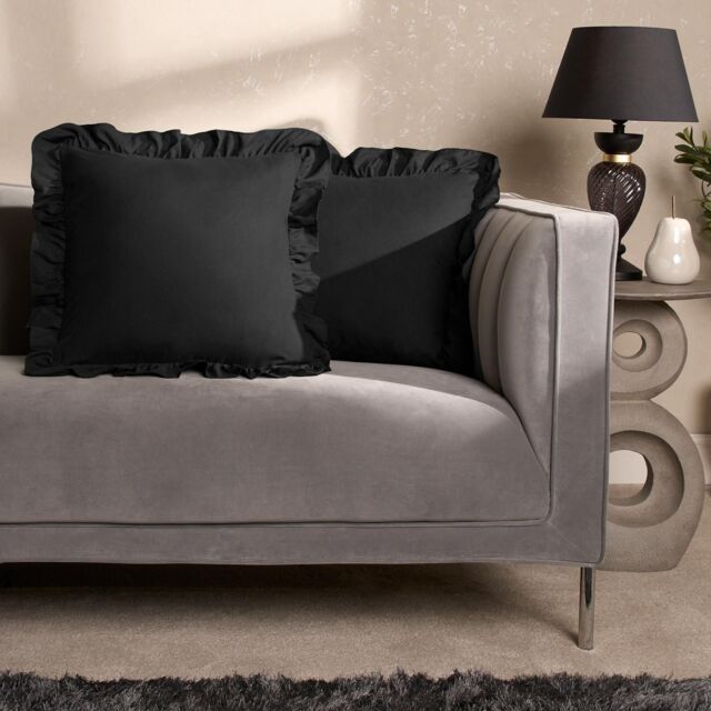 OHS 2 x Plain Faux Linen Frill Cushion Covers in Black - Size: 45 cm x 45 cm - image 1