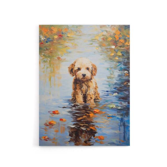 "Artery8 Cockapoo Dog & Autumn Leaves In Lake Canvas Wall Art Print - Size: W24"" x H32""" - image 1