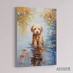 "Artery8 Cockapoo Dog & Autumn Leaves In Lake Canvas Wall Art Print - Size: W24"" x H32""" - thumbnail 2