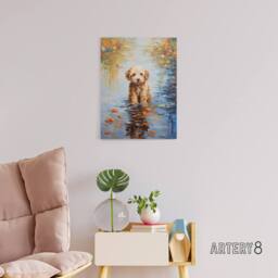 "Artery8 Cockapoo Dog & Autumn Leaves In Lake Canvas Wall Art Print - Size: W24"" x H32""" - thumbnail 3