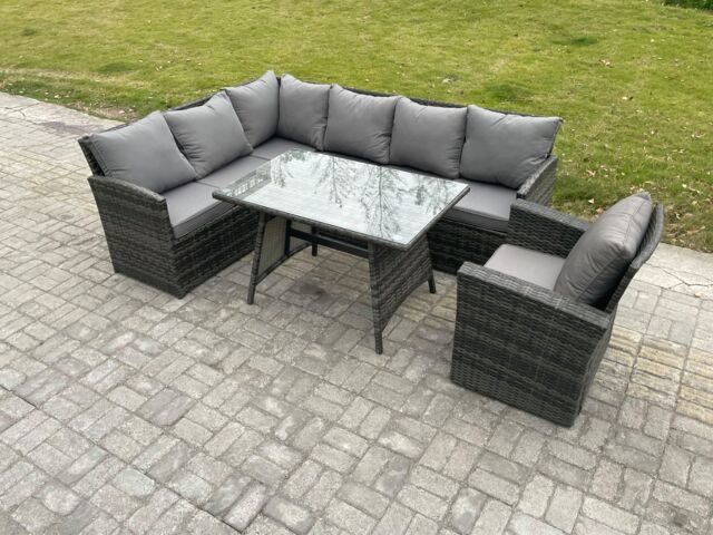 Fimous Wicker Rattan Garden Furniture Corner Sofa Set with Oblong Dining Table Armchair Outdoor Rattan Set in Dark Grey - image 1