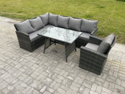 Fimous Wicker Rattan Garden Furniture Corner Sofa Set with Oblong Dining Table Armchair Outdoor Rattan Set in Dark Grey - thumbnail 1