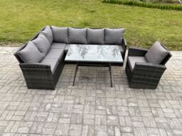 Fimous Wicker Rattan Garden Furniture Corner Sofa Set with Oblong Dining Table Armchair Outdoor Rattan Set in Dark Grey - thumbnail 2
