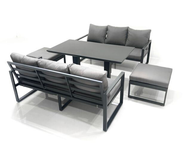 Fimous 8 Seater Aluminium Outdoor Garden Furniture Set with Adjustable Rising Lifting Dining Table 3 Seater Sofa 2 Big Footstool Dark Grey - image 1