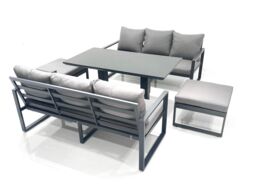 Fimous 8 Seater Aluminium Outdoor Garden Furniture Set with Adjustable Rising Lifting Dining Table 3 Seater Sofa 2 Big Footstool Dark Grey - thumbnail 2