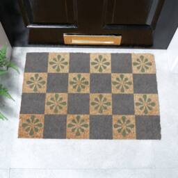 Artsy Mats Blue Check & Petals Coir Doormat (60 x 40cm) in Brown - Size: 40 cm x 60 cm