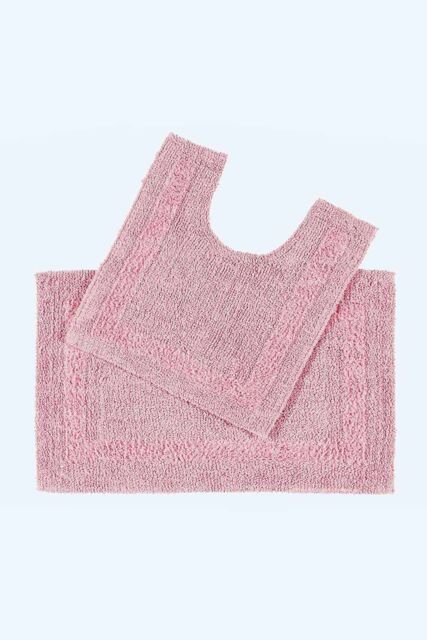 Homescapes Luxury Bath Mat Set Reversible 1600GSM 100% Cotton 2 Pc w. Pedestal Mat in Baby Pink - image 1