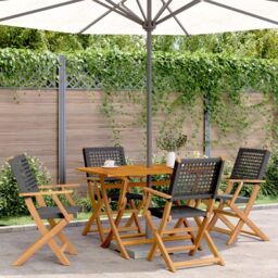 Berkfield Home Folding Garden Chairs 4 pcs Black Poly Rattan & Solid Wood