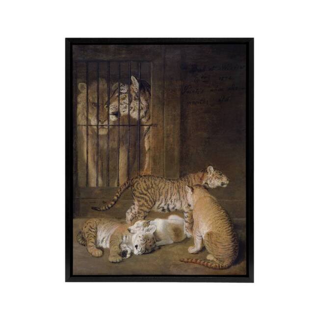 "Artery8 Whelps Lion & Tigress in Zoo Cage Agasse Black Framed Canvas Art in Brown - Size: W12"" x H16""" - image 1
