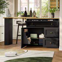 Rolipo Black Extendable Bar Table With Storage & Rotating Kitchen Island - thumbnail 2