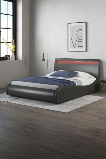 SlumberWorx Orion LED Lights Headboard Gaming Style Faux Leather Bed Frame in Black - Size: Double - image 1