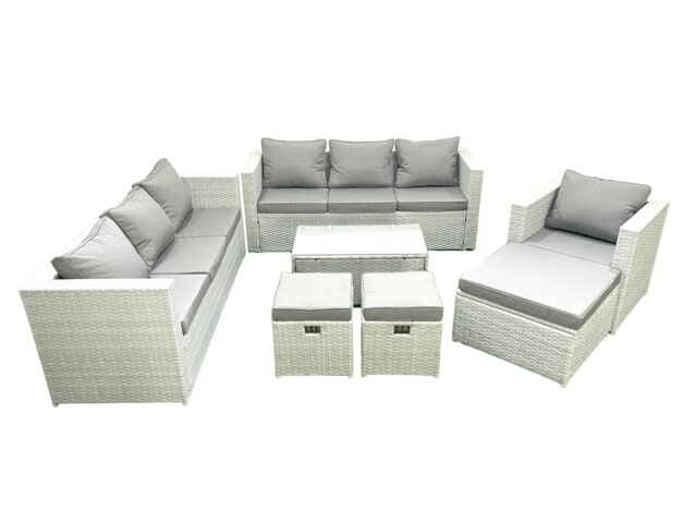 Fimous Wicker PE Rattan Sofa Garden Furniture Set with Armchair Oblong Coffee Table 3 Footstools Light Grey Mixed - image 1