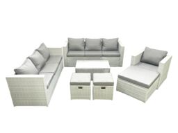 Fimous Wicker PE Rattan Sofa Garden Furniture Set with Armchair Oblong Coffee Table 3 Footstools Light Grey Mixed - thumbnail 2
