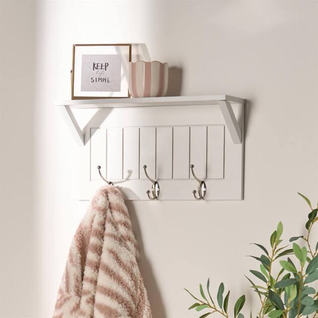 OHS Wall Shelf Coat Rack Wood Effect Floating Display Unit in White - image 1