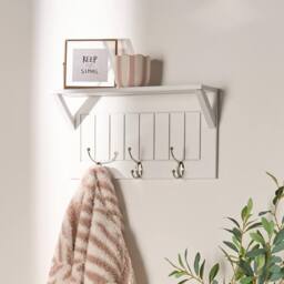 OHS Wall Shelf Coat Rack Wood Effect Floating Display Unit in White - thumbnail 1