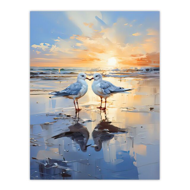 "Artery8 Wall Art Print Seagull Bird Couple Beach Sunset Painting Coastal Landscape Art Poster in Blue - Size: W18"" x H24""" - image 1
