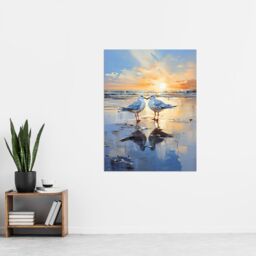 "Artery8 Wall Art Print Seagull Bird Couple Beach Sunset Painting Coastal Landscape Art Poster in Blue - Size: W18"" x H24""" - thumbnail 4