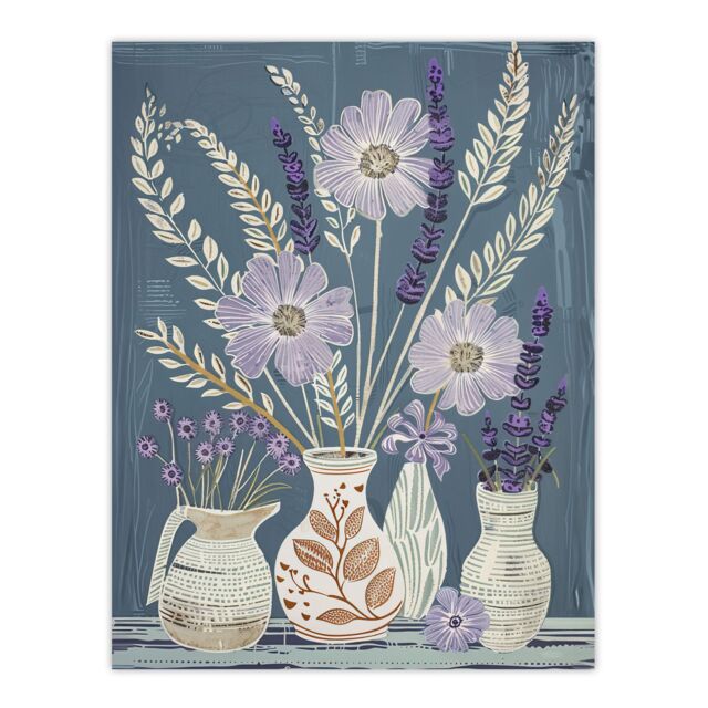 "Artery8 Lavender Flower Bouquet Vases Purple Still Life Wall Art Print in Blue - Size: W24"" x H32""" - image 1